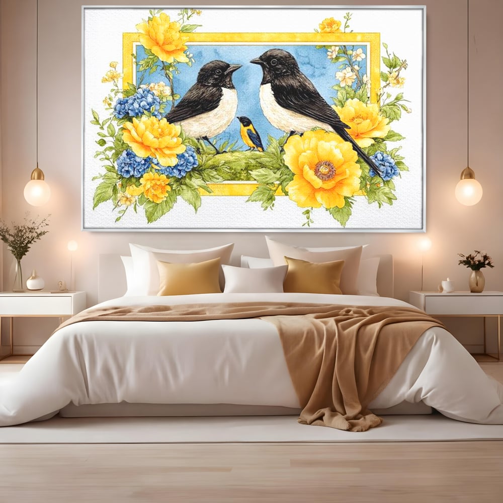 Tablou canvas cu tablou canvas cu pasari si flori, in rama de aluminiu argintiu, pe perete intr-un dormitor
